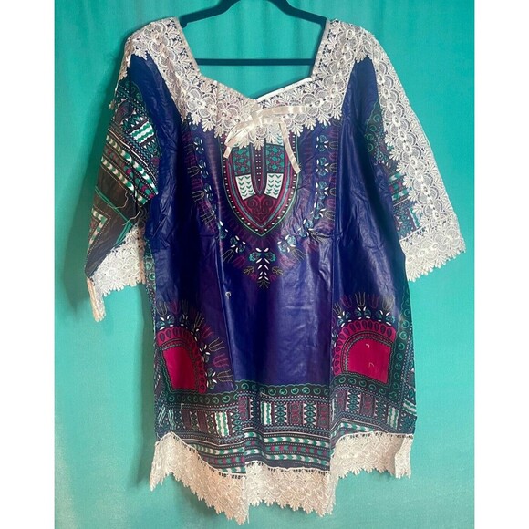 The African Star Traditional Unisex Dashiki Navy Blue w/White Lace New Tags OSFM - Picture 1 of 8